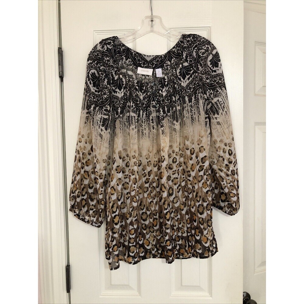 Chico's Leopard Print 3/4 Sleeve Women's Silky Soft Blouse Size Large Semi Sheer